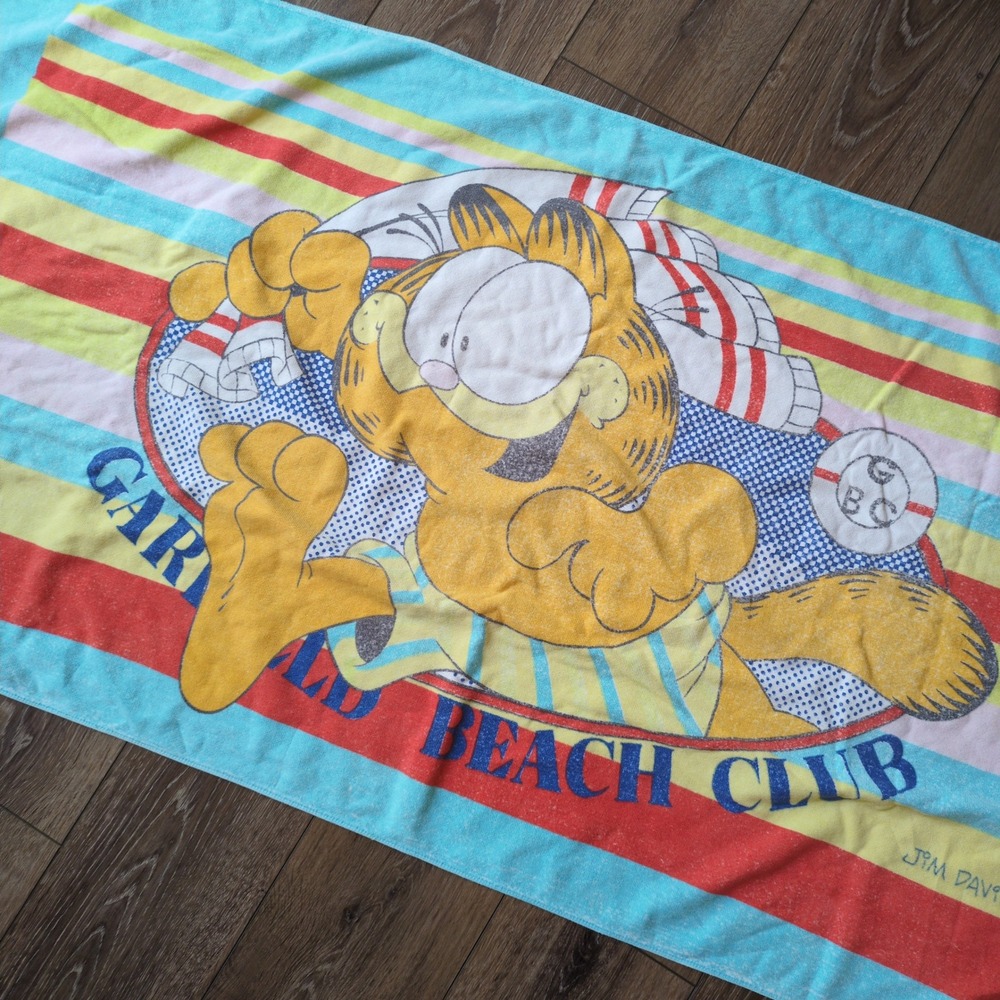 Vtg 1978 Garfield Beach Club Towel Blue Striped Jim Davis Cartoon Stripe 57x29